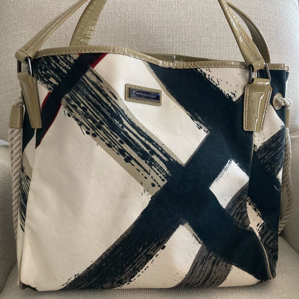 Burberry White Canvas Brushstroke Check Print Shopper